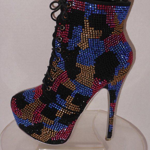 SHIEKH PLATFORM HIGH-HEEL MULTI-COLOR BEADED ANKLE BOOTS SIZE 8 MEDIUM - Picture 9 of 9